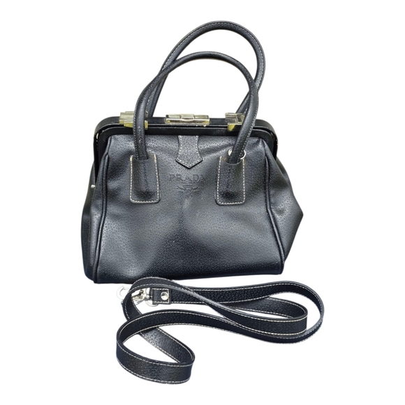 Prada Black Leather Satchel Crossbody Bag Women Detachable Strap - Picture 1 of 16